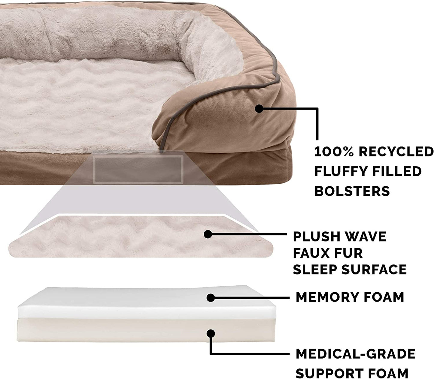 Memory Foam Dog Bed for Large Dogs W/ Removable Bolsters & Washable Cover, for Dogs up to 95 Lbs - Plush & Velvet Waves Perfect Comfort Sofa - Brownstone, Jumbo/Xl