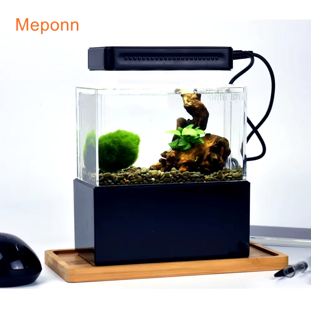 1.5L Mini Betta Fish Tank Aquarium Desktop Decorations Marine Aquaponic Fishes Bowl with Water Fliter USB Air Pump LED Light