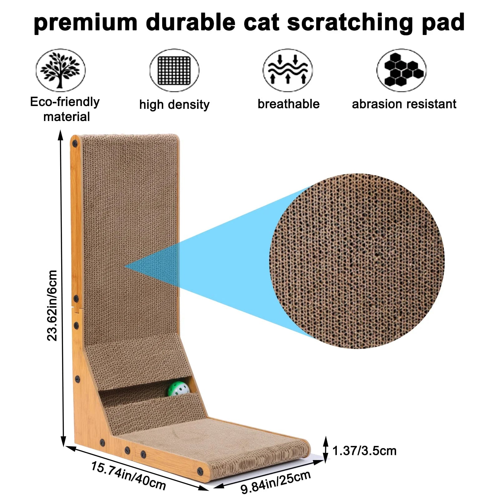 Cat Scratcher, 23.6 Inch Large L-Shaped - Wall Mounted Cat Scratch Pad with Ball Toy for Indoor Cats, Vertical Cat Scratcher Board, Durable Cardboard