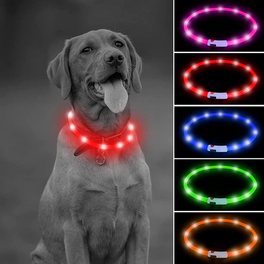 Led Dog Collar, USB Rechargeable LED Dog Necklace Light, Silicone Light up Dog Collars Glow in the Dark (Red-Silicone)