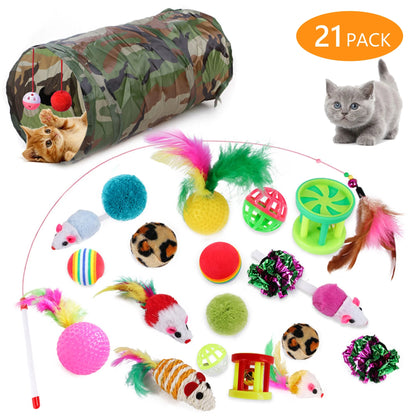 21PCS Cat Toys Kitten Toy Set Folding Camouflage Cat Tunnel Indoor Interactive Pet Toys Teaser Cat Feather Toy Colourful Mouse Plush Ball Bell Ball Toy Kit Kitten Puppy