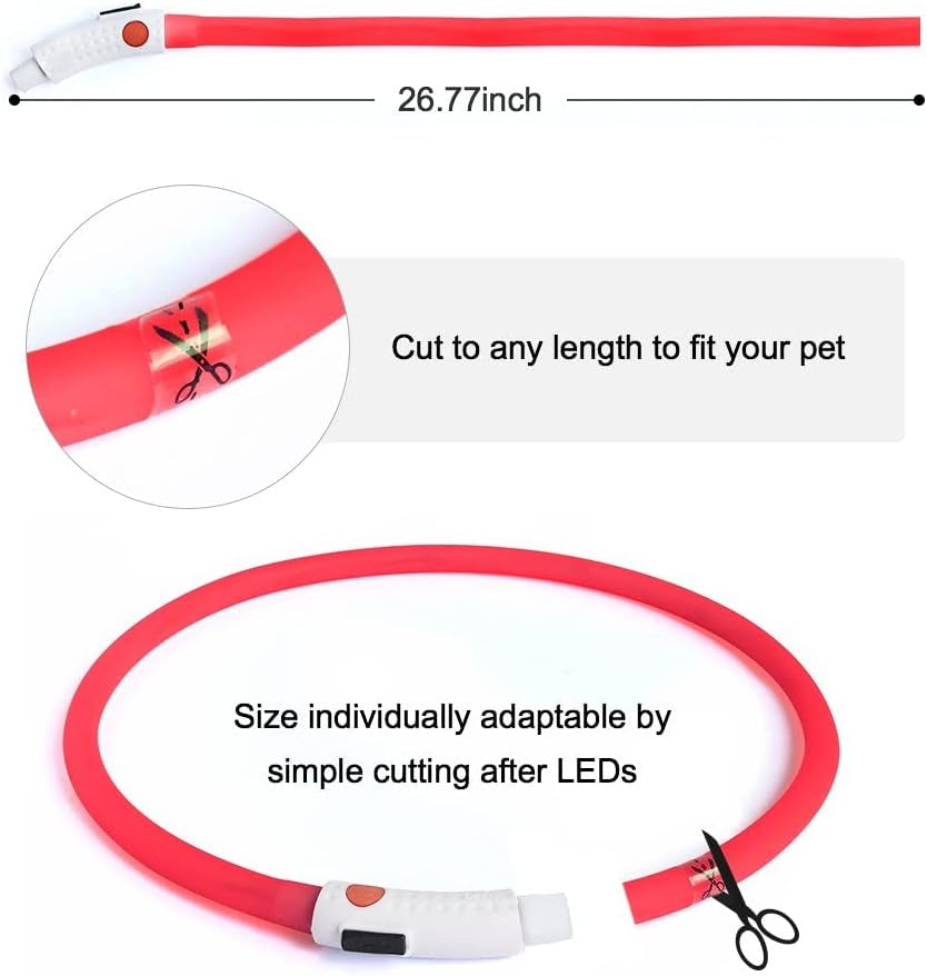 Led Dog Collar, USB Rechargeable LED Dog Necklace Light, Silicone Light up Dog Collars Glow in the Dark (Red-Silicone)