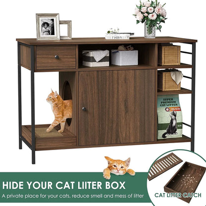 6 in 1 Wooden Cat Litter Box Enclosure Furniture with Litter Filter, Drawer and Shelves for Litter Boxes